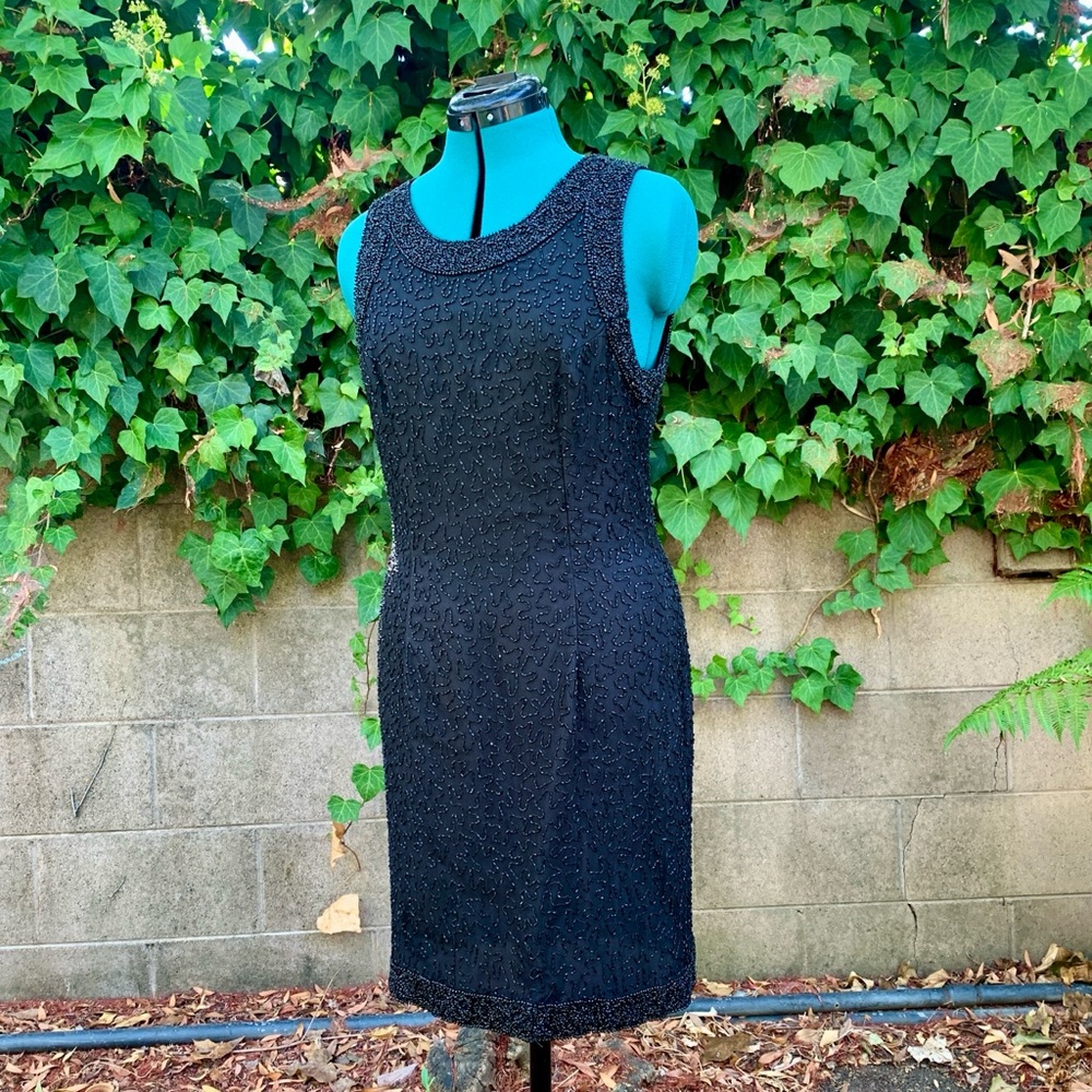 Vintage Beaded Dress L Black Silk 80s Sleeveless Classic Cocktail Laurence Kazar